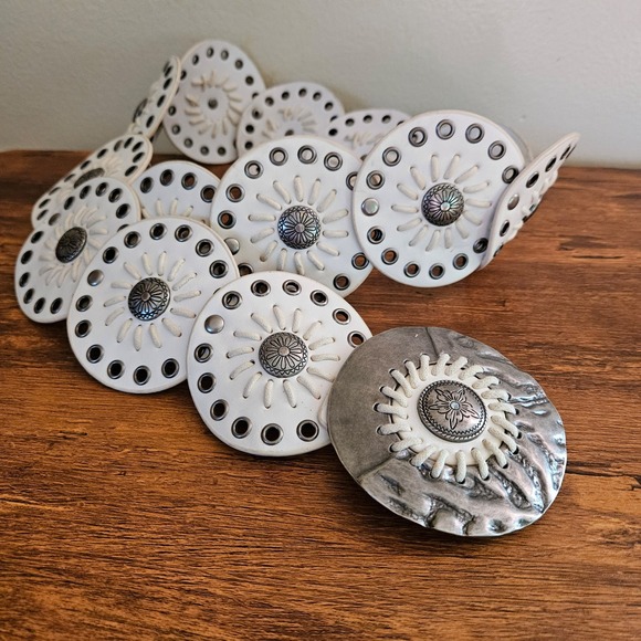 Accessories - Western Concho Belt White Faux Leather Circles Silver Floral Medallions Large